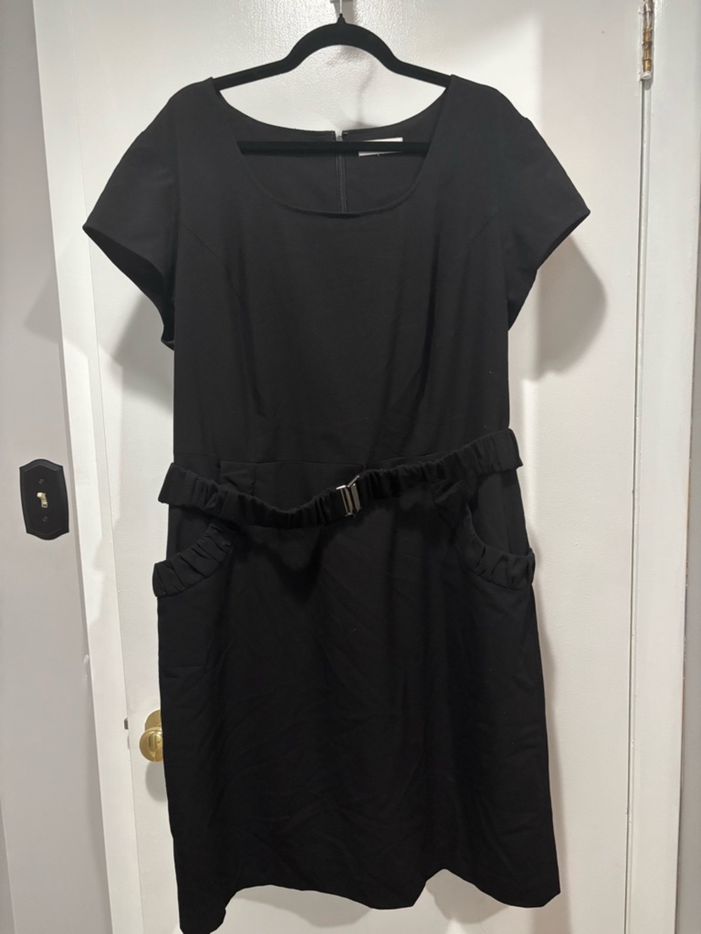 Calvin Klein Black Short-Sleeve Midi Dress with Belted Waist